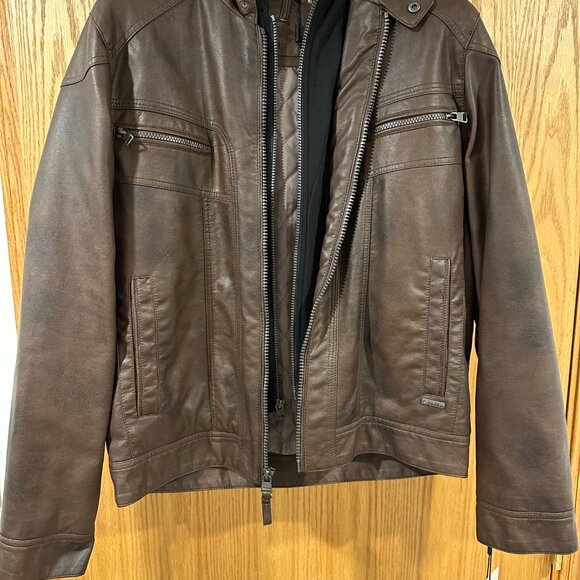 $195 Mens Calvin Klein Brown Vegan Leather Levis Jacket Polo Hoodie M Medium NWT - Picture 1 of 10